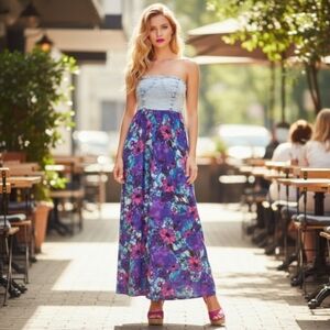 Mimi Chica Floral Print Strapless Maxi Dress with Acid Wash Denim Top